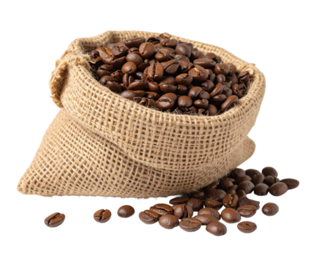 coffee beans in burlap sack isolated on transparent