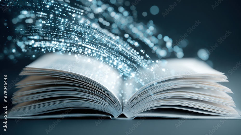 Poster an open book rests on a surface, emitting a stream of glowing particles that rise gracefully into th