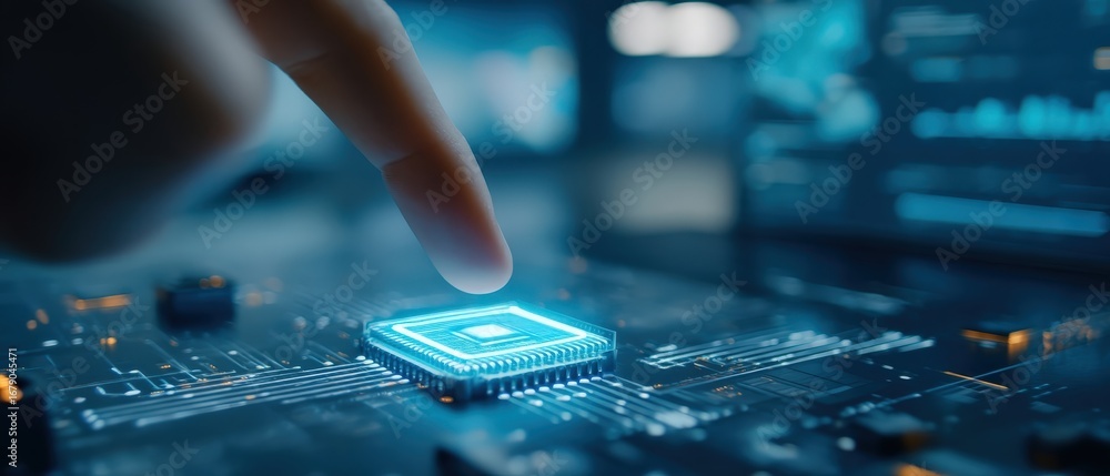Poster a close-up of a finger hovering over a glowing microchip on a circuit board, symbolizing advanced te