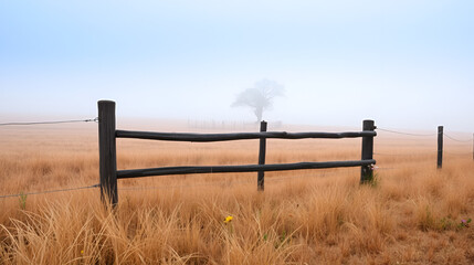 Wooden fence stretches across misty field with dry grass, wildflowers, and a lone tree. Rural landscape evokes tranquility and solitude, offering a serene and peaceful atmosphere