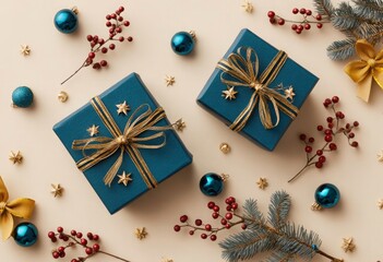 Obraz premium Blue Christmas gifts with gold ribbons and decorations on beige background