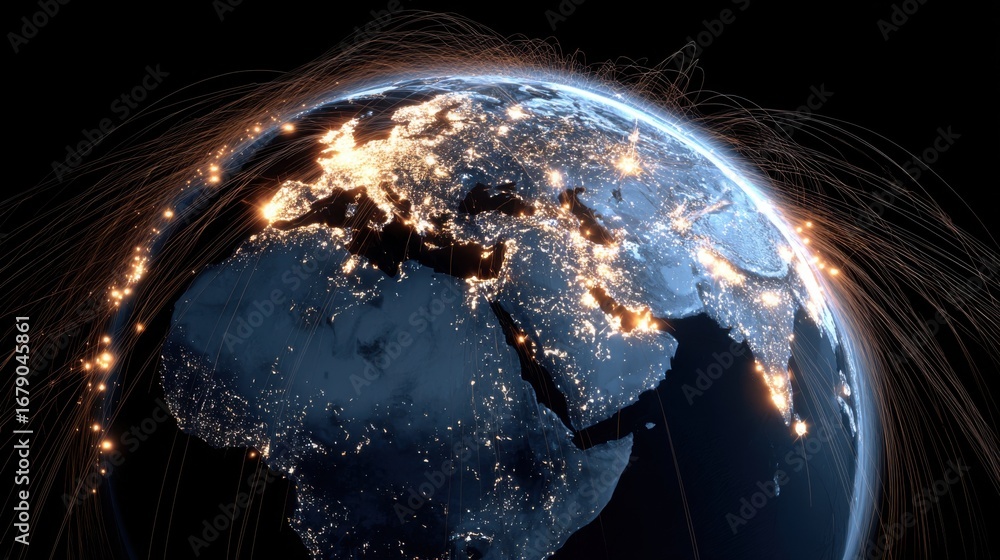 Poster a view of earth at night shows illuminated cities across continents, with lines representing data co