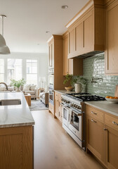Fototapeta premium Modern kitchen with wooden cabinets and green tile backsplash 