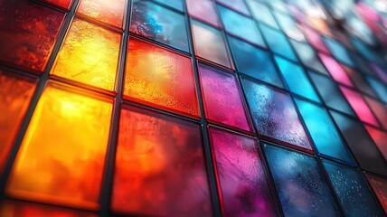 Vibrant stained glass panels in a kaleidoscope of coors, creating a stunning vsual display that enhancesany artistic or architectual project.