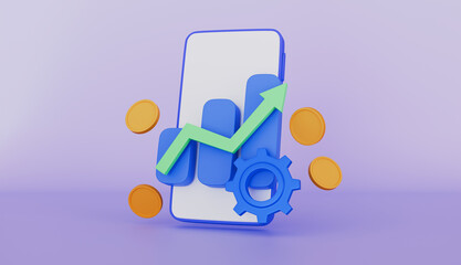 Mobile phone and coin graph icon, increasing arrow with golden coins