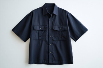 Navy Blue Pocketed Short Sleeve Button-Down Shirt