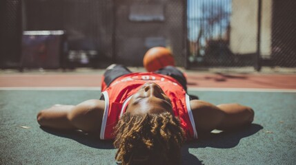 A young athlete lies on the basketball court, exhausted after an intense practice. The sun shines brightly, illuminating the surrounding area and the nearby basketball.