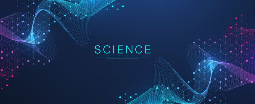 Molecular abstract structure and genetic engineering DNA. Healthcare and medicine background concept. Scientific research background. Wave flow. Innovation pattern. Vector illustration.