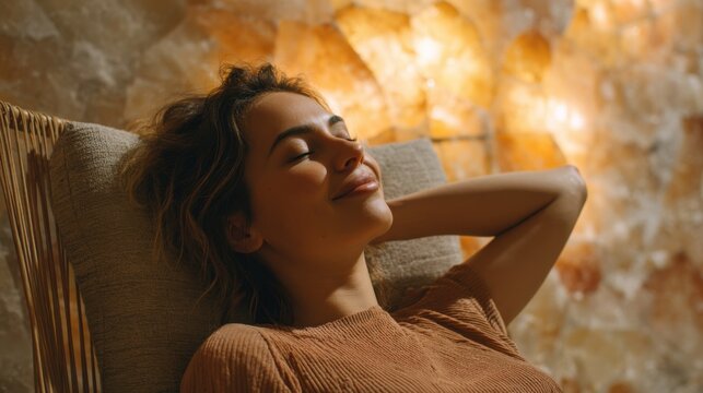 A young woman enjoys a moment of relaxation in a salt therapy room. The warm lighting and salt-infused walls create a peaceful atmosphere that promotes healing and stress relief.