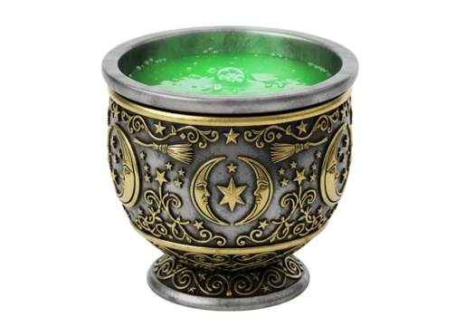 A detailed ornate silver-grey cauldron, adorned with golden celestial motifs, holds a vibrant green liquid, creating a mystical and magical scene.