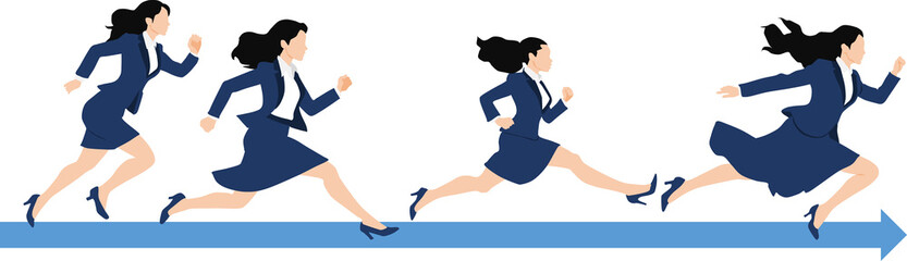 ジャンプ(走る)するビジネスウーマンのシルエットイラスト