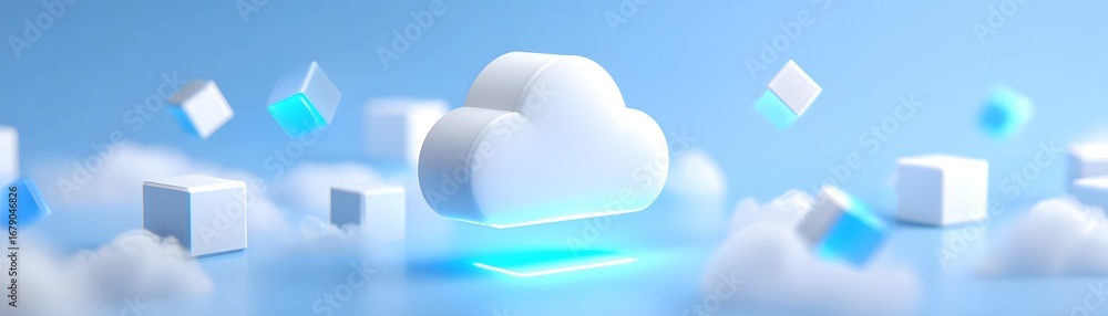 Poster a digital cloud surrounded by floating cubes on a serene blue background, symbolizing technology and