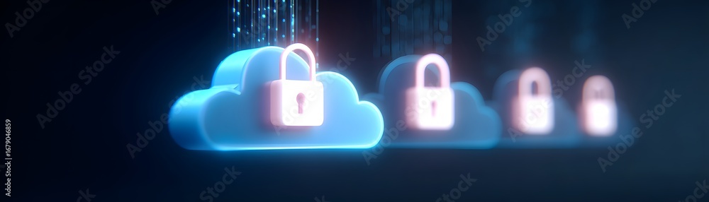 Poster a digital illustration of clouds with padlocks, symbolizing cloud security and data protection in a 