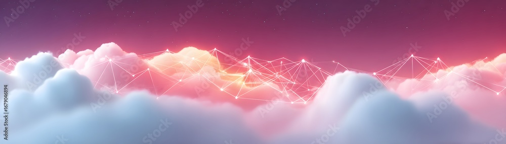 Poster a digital artwork depicting abstract clouds interconnected with lines, set against a colorful gradie