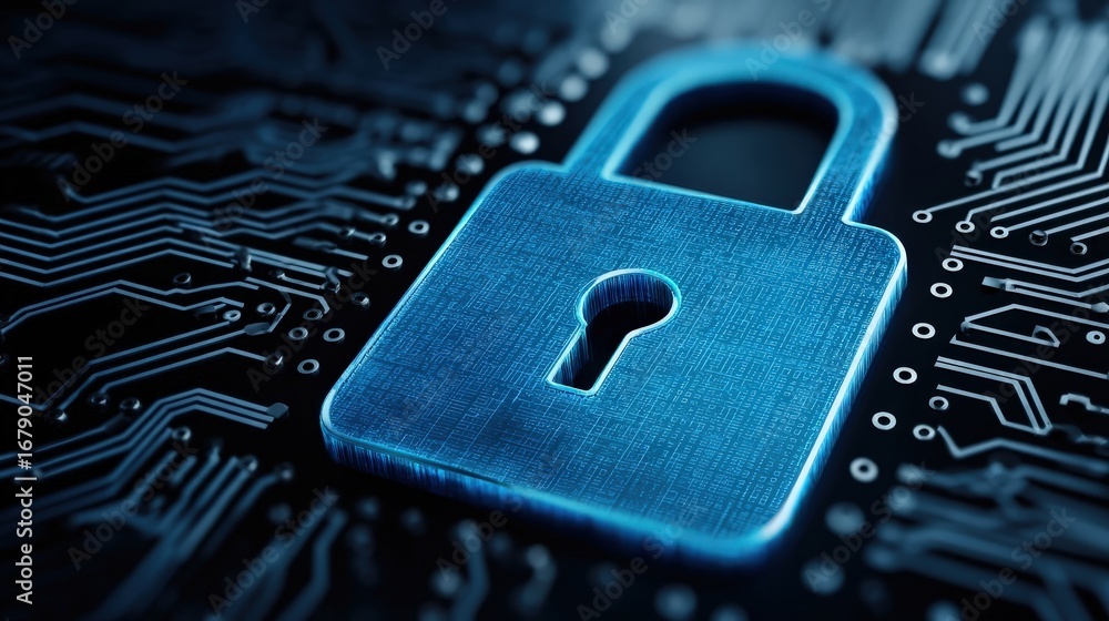 Poster a close-up of a digital padlock on a circuit board background, symbolizing cybersecurity and data pr