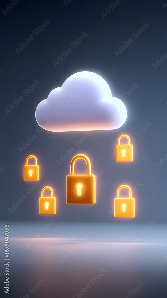 Poster a stylized cloud with glowing padlocks symbolizes cloud security and data protection in a digital en