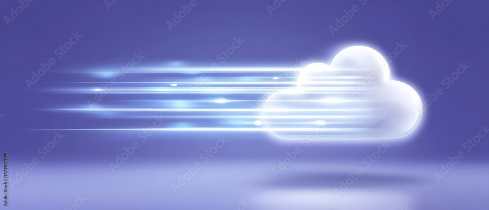 Poster a stylized cloud icon with speed lines, symbolizing fast data transfer or cloud computing technology