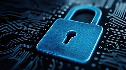 A close-up of a digital padlock on a circuit board background, symbolizing cybersecurity and data protection in the tech world.
