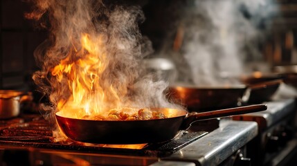 A pan ignites with flames and steam, showcasing intense cooking in a kitchen setting, capturing the energy and excitement of meal preparation.