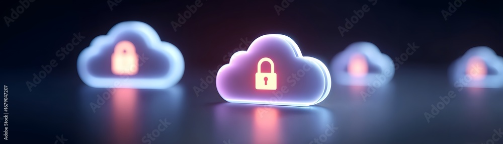 Aufkleber the image features glowing cloud icons with padlocks, symbolizing cloud security and data protection