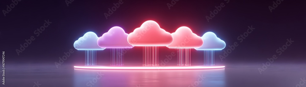Poster a digital representation of colorful clouds emitting light, creating a futuristic and atmospheric sc