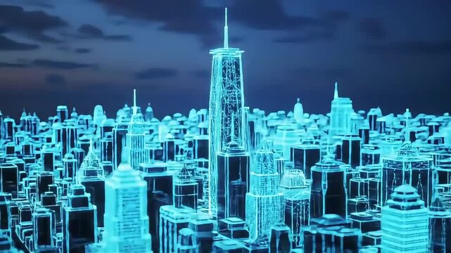 Futuristic Digital Cityscape with Glowing Blue Holographic Buildings at Night.