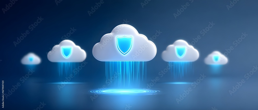 Aufkleber a digital representation of cloud computing featuring clouds with shields, symbolizing data protecti