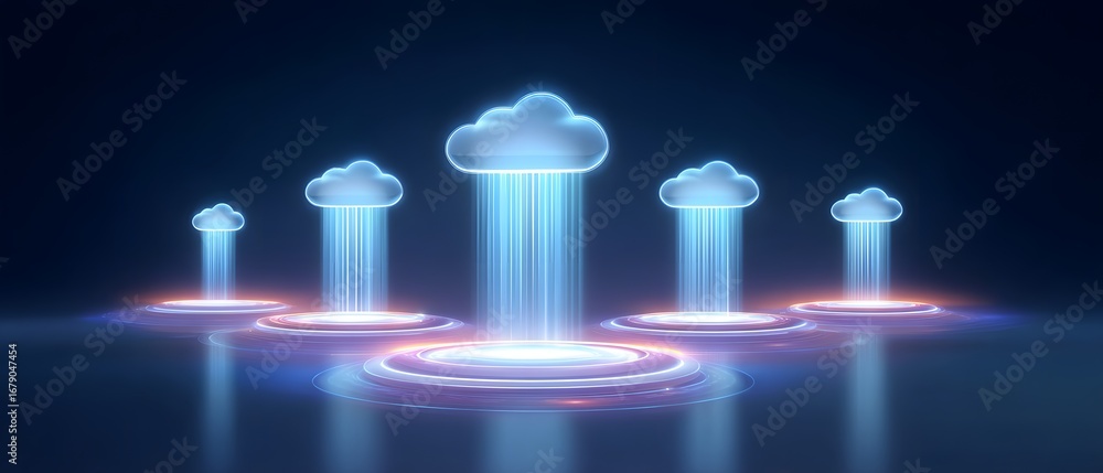 Poster a futuristic depiction of clouds emitting streams of light, creating a digital atmosphere with illum