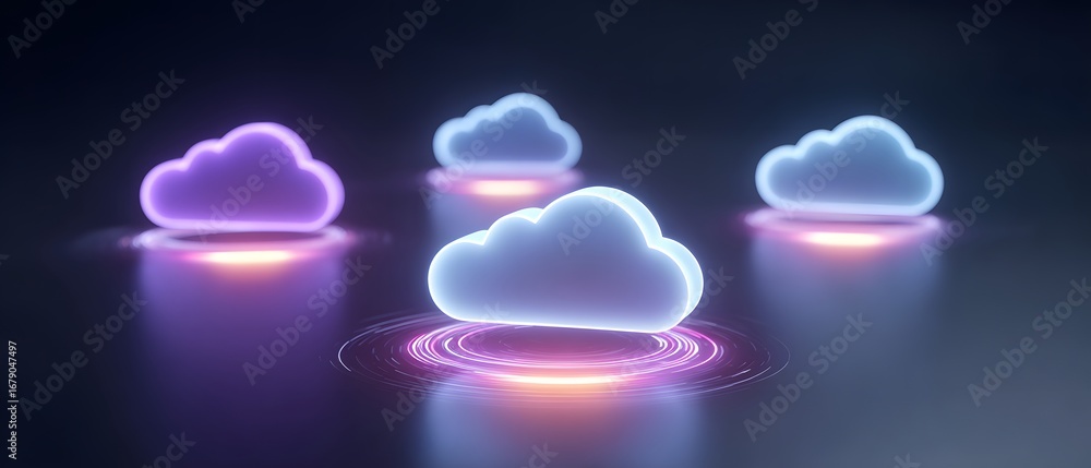 Poster a digital illustration of glowing clouds with colorful highlights, representing concepts like data s