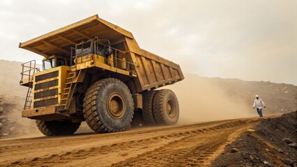 Obraz premium Giant Yellow Mining Truck with Massive Dirty Tires Driving on Rough Terrain in Quarry