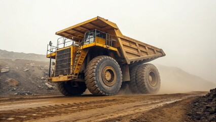 Giant Yellow Mining Truck with Massive Dirty Tires Driving on Rough Terrain in Quarry