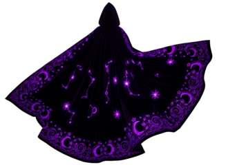 A vibrant purple cloak, adorned with celestial designs of moons, stars, and constellations, is displayed against a striking black background.