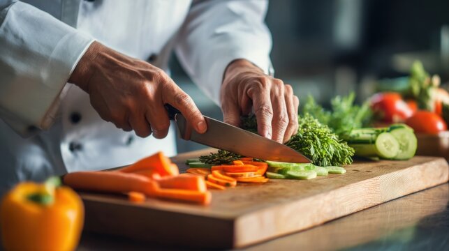 A skilled chef slices colorful vegetables including carrots, cucumbers, and bell peppers on a wooden cutting board in a contemporary kitchen setting, emphasizing culinary artistry.