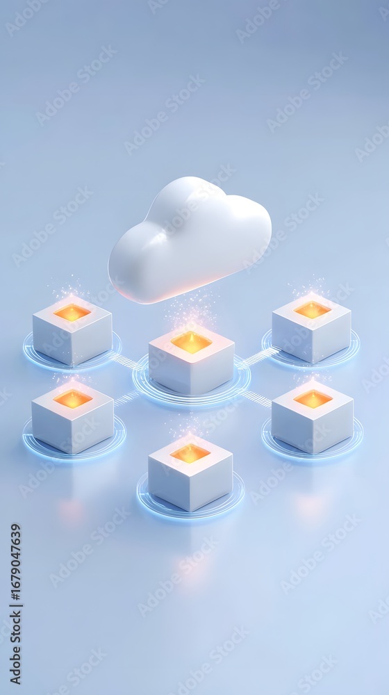 Aufkleber a digital illustration featuring a cloud connected to glowing blocks, symbolizing cloud computing an