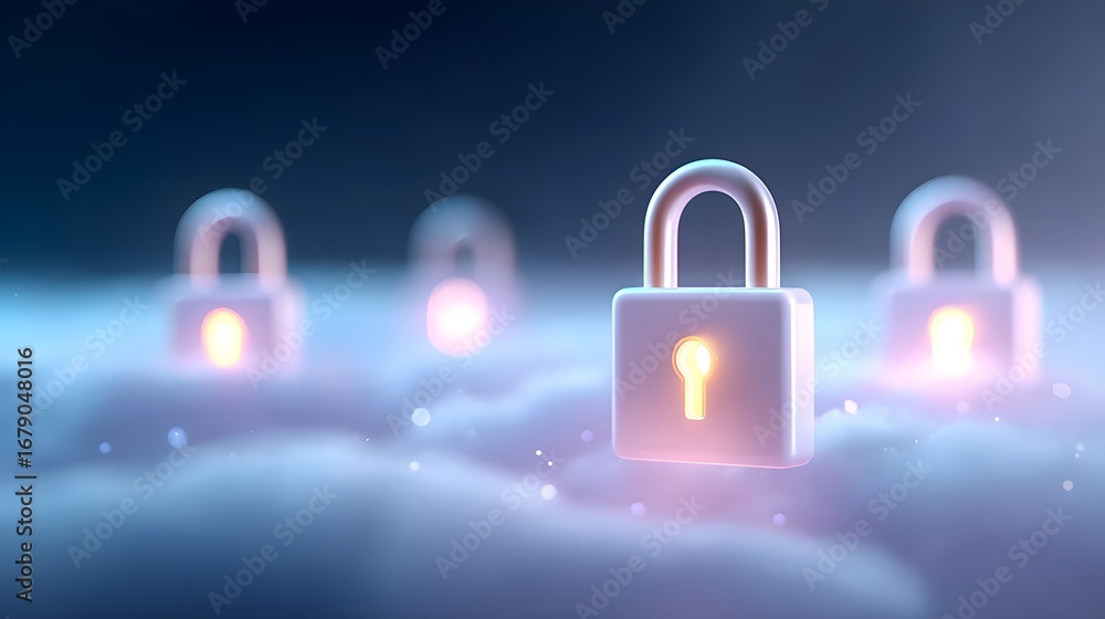 Poster a serene digital landscape featuring glowing locks floating among soft clouds, symbolizing security 