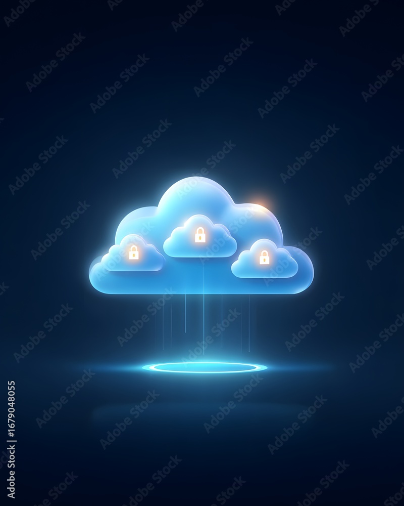Poster a glowing cloud symbol with lock icons, representing secure cloud storage in a dark digital environm