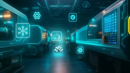 Advanced technology interface with digital systems, gears, and data analytics, designed for industrial or futuristic environments. - Powered by Adobe