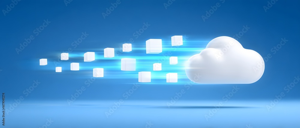 Poster a stylized cloud emits cubes, suggesting swift data transfer or cloud computing concepts against a b