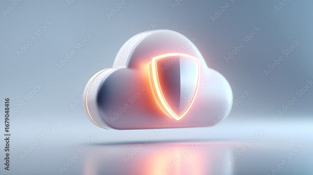 Poster a stylized cloud icon with a shield symbolizing cybersecurity and data protection, featuring a soft 