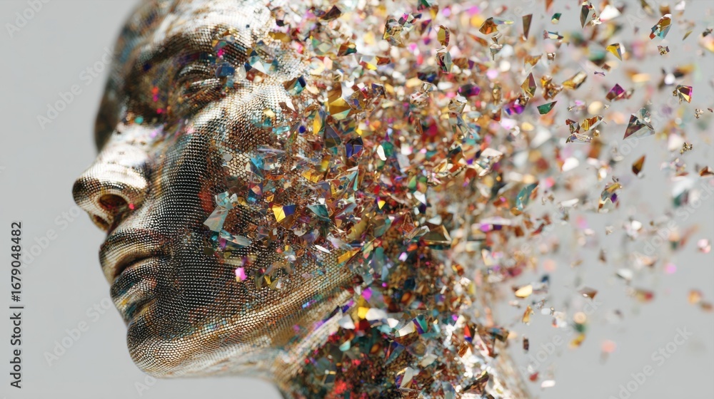 Poster A metallic face disintegrates into colorful shards, illustrating the blend of technology and art. The stunning display captures dynamic movement and intricate details, evoking fascination.