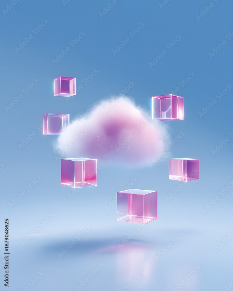 Poster abstract digital art featuring a soft cloud with floating transparent cubes in a serene blue backgro