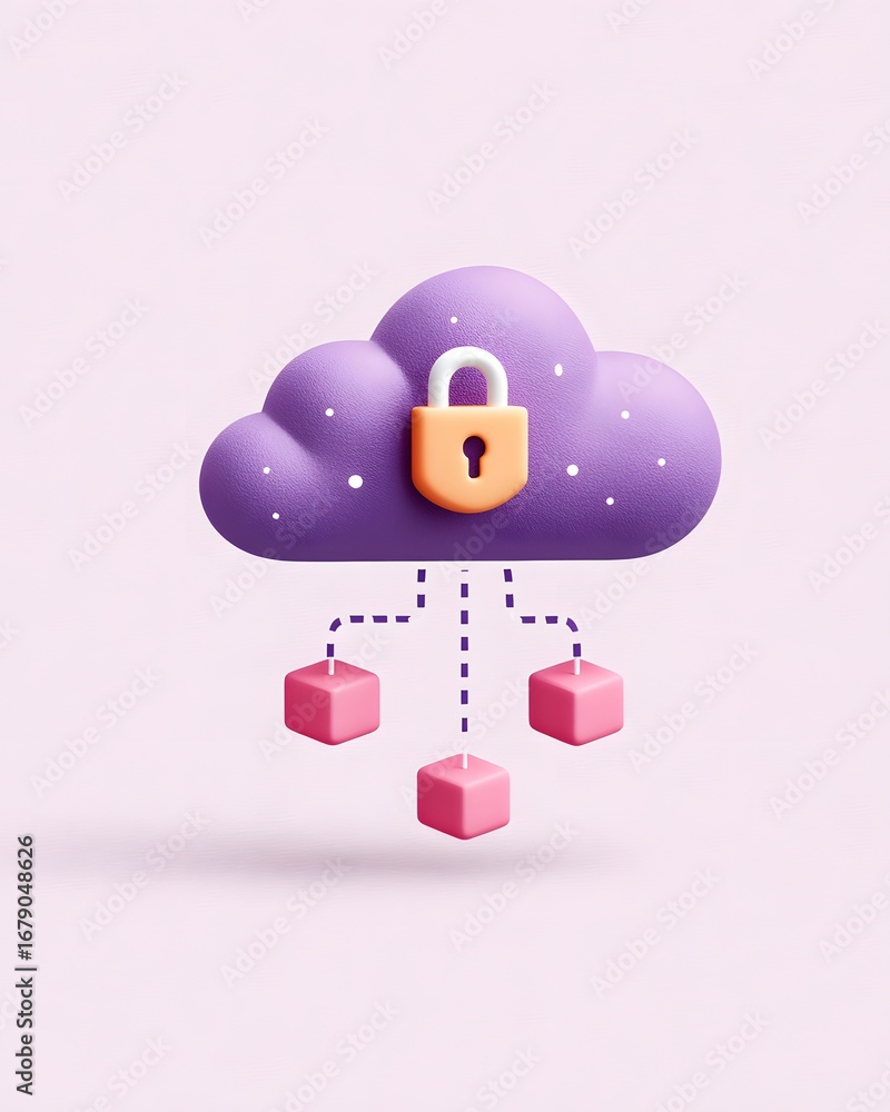 Poster a stylized cloud with a lock symbolizes secure cloud storage, featuring pink cubes connected by dott