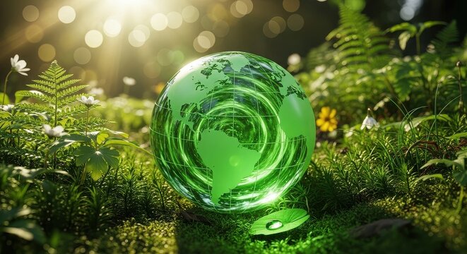 Glowing green earth sphere in lush forest ecosystem under warm sunlight - Powered by Adobe