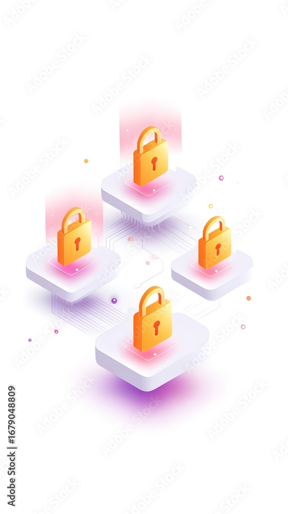 Poster a digital illustration featuring interconnected locks symbolizing cybersecurity and data protection.