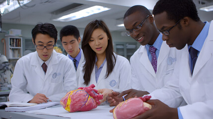 A diverse group of medical students, including two females and three males, study human hearts during a hands-on class session.