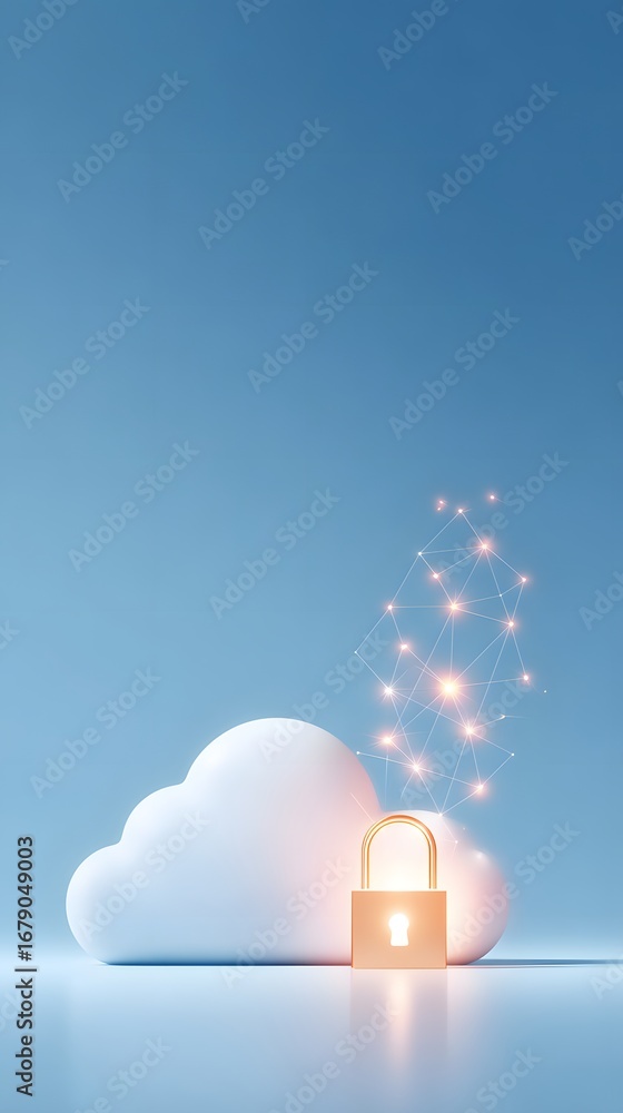 Aufkleber a cloud with a padlock symbolizes cloud security, featuring a serene blue background and sparkling e