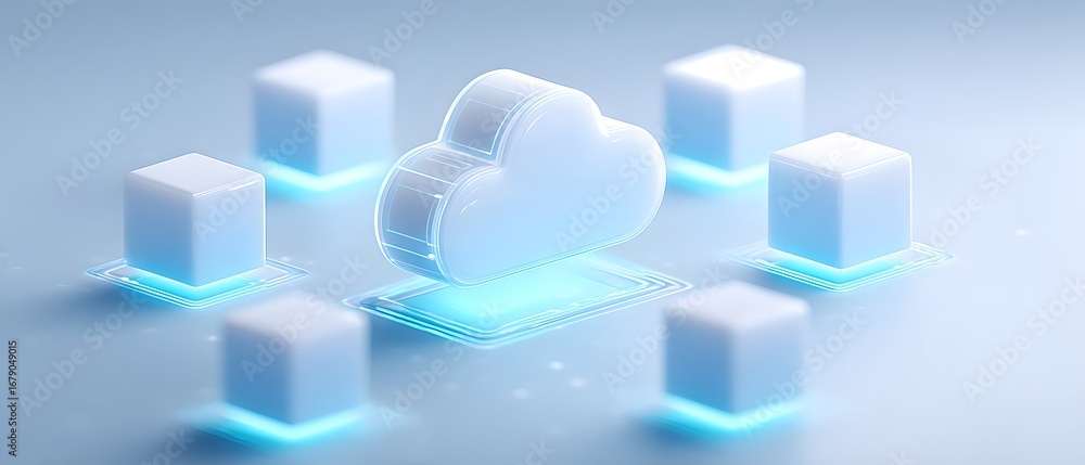 Aufkleber a digital illustration featuring a cloud icon surrounded by glowing cubes, symbolizing cloud computi