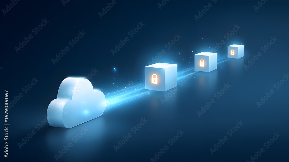 Aufkleber a digital illustration of a cloud connected to secure data blocks, symbolizing cloud storage and dat
