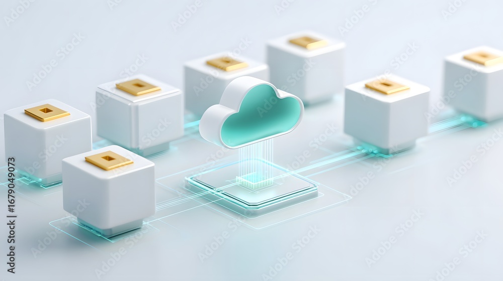 Aufkleber a digital illustration depicting cloud computing with interconnected cubes, symbolizing data storage