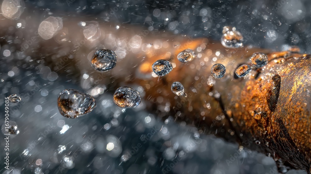 Poster a close-up of water droplets splashing off a rusty surface, creating a beautiful play of light and t